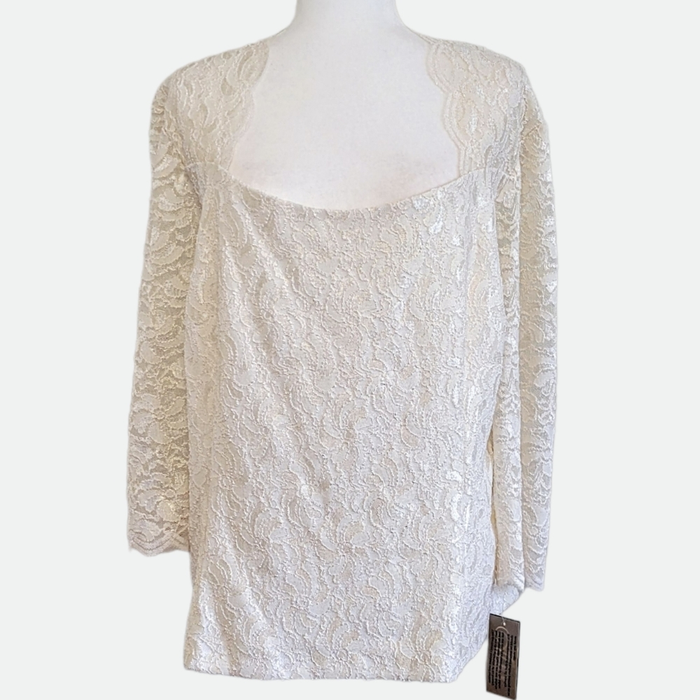 Alex Evenings Queen Anne Neckline Long Sleeved Lace Blouse - Ivory/Gold